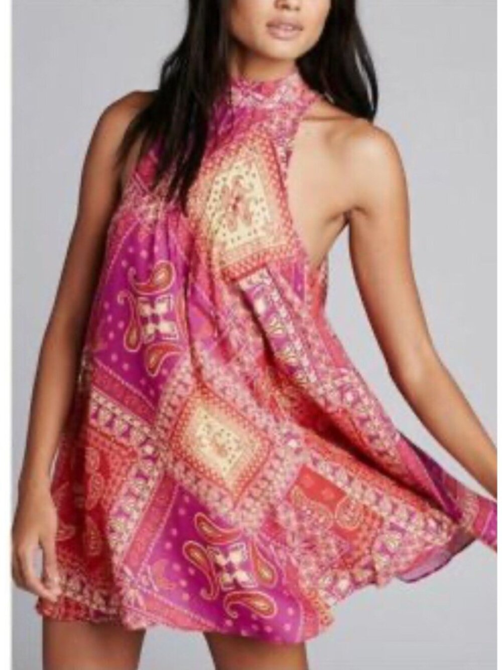 FREE PEOPLE Intimately S Beaux Mock Neck Slip Dress Pink  Pink Mini Paisley S P